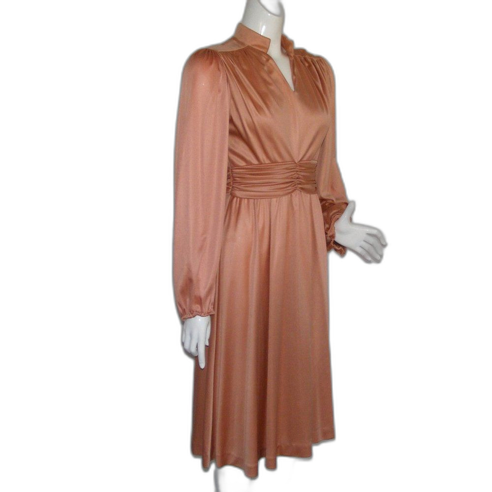70s Dress, XS/S, Coppery color, Long sleeves, Gathered Waist, Disco baby! - Picture 2 of 8